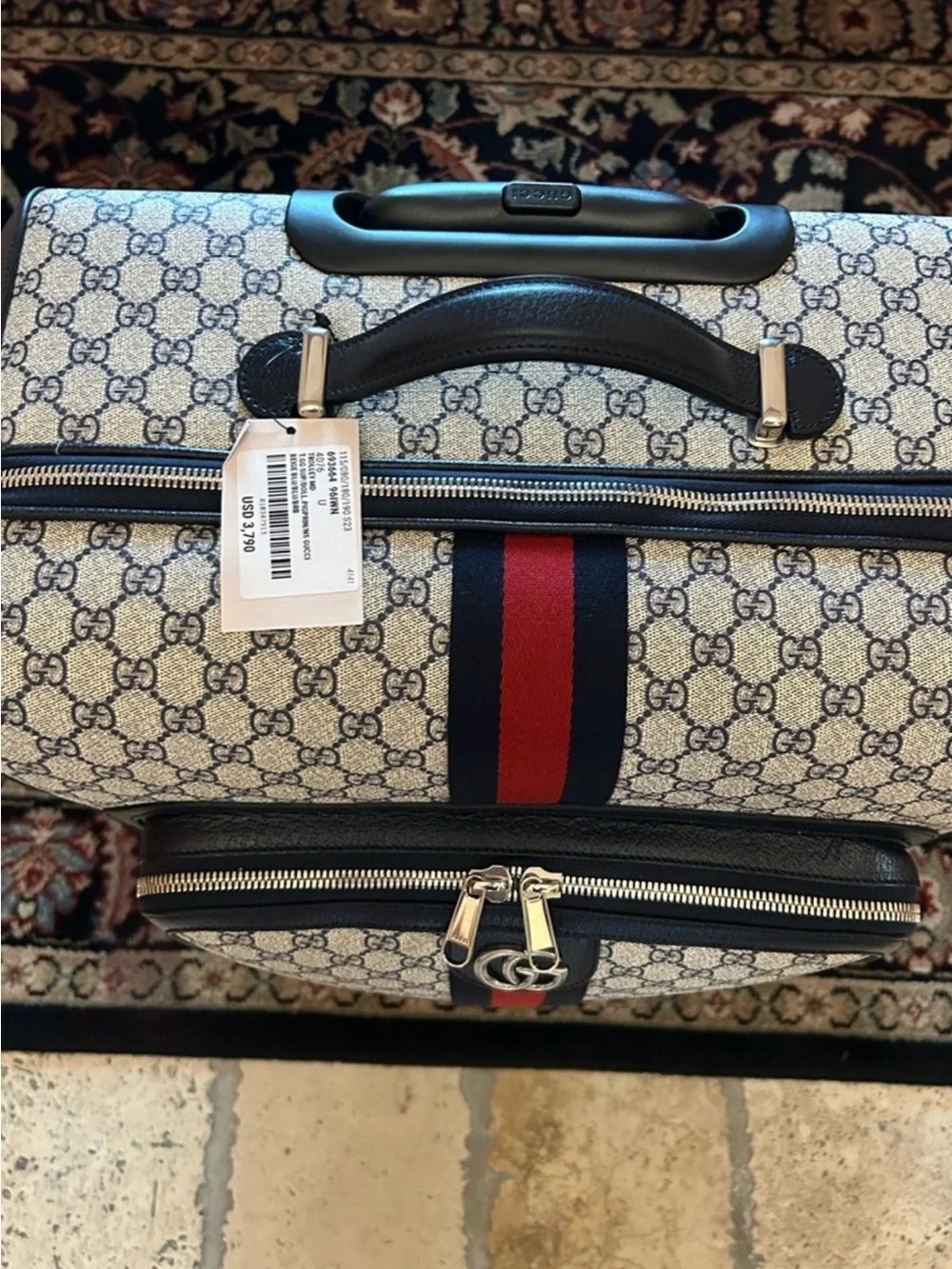 Gucci Savoy, GG supreme suitcase, iconic blue/red web stripe made in Italy